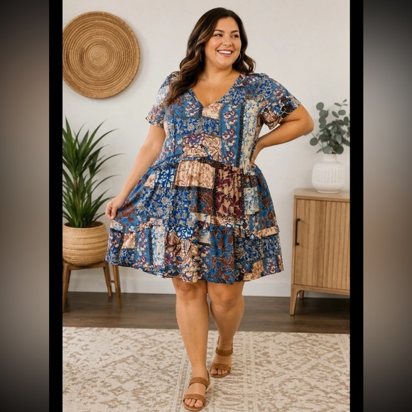 Anthropologie Dresses & Skirts - Anthropologie Floral Boho Tiered Midi Dress Sz 2X Pink Blue N14